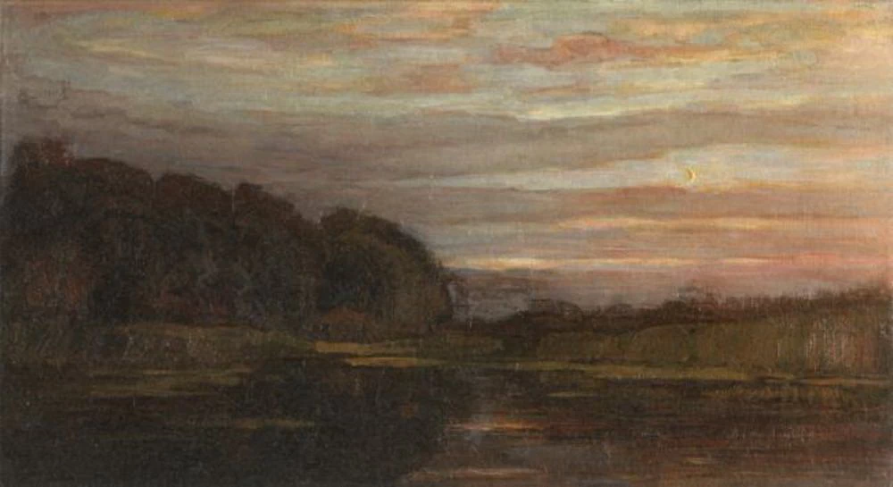 Fattoria sul Gein riparata da alberi ad alto fusto, cielo con striature verdastre con luna crescente - Kunstmuseum Den Haag